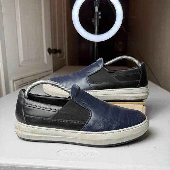 Salvatore Ferragamo Men Sz 8.5 EE Loafers navy leather uppers slip-on sneakers - Picture 1 of 13